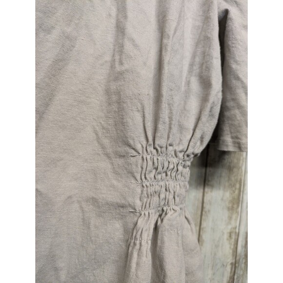 T Tahari Linen Blend Midi Dress Flutter Sleeve Khaki Button Up Shirred Waist 12 - Picture 3 of 15